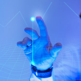 futuristic finger pointing blue light at a clear screen