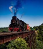steam train moving across a bridge by a tree-studded area against a clear blue sky